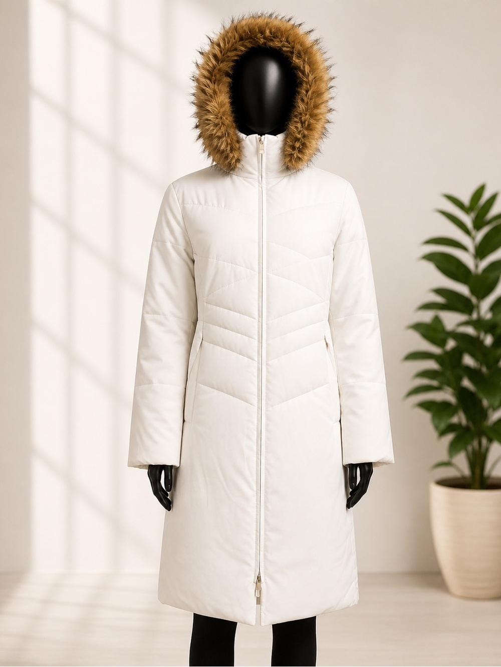 Women’s Long White Puffer Coat with Faux Fur Trimmed Hood